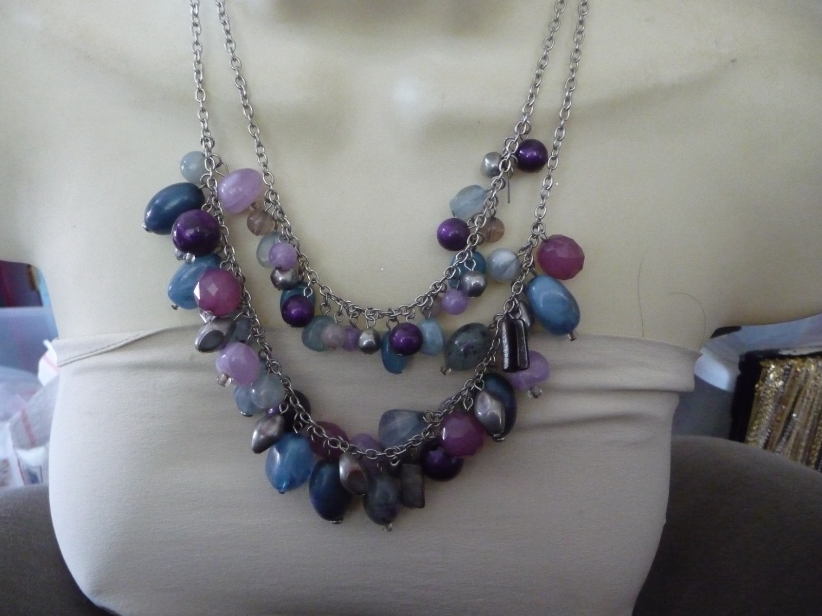 NY 2 ROWS PURPLE VIOLET BLUE GRAY DANGLE BEADS SILVERTONE CHAIN NECKLACE #16/28