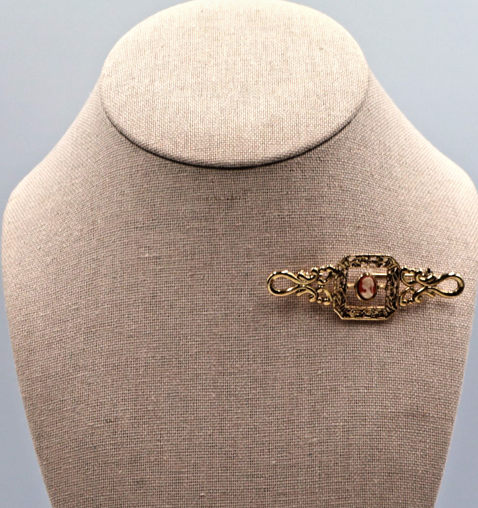 Vintage Tacoa Goldtone Brooch Featuring Fligree Bar with Center Pink Cameo