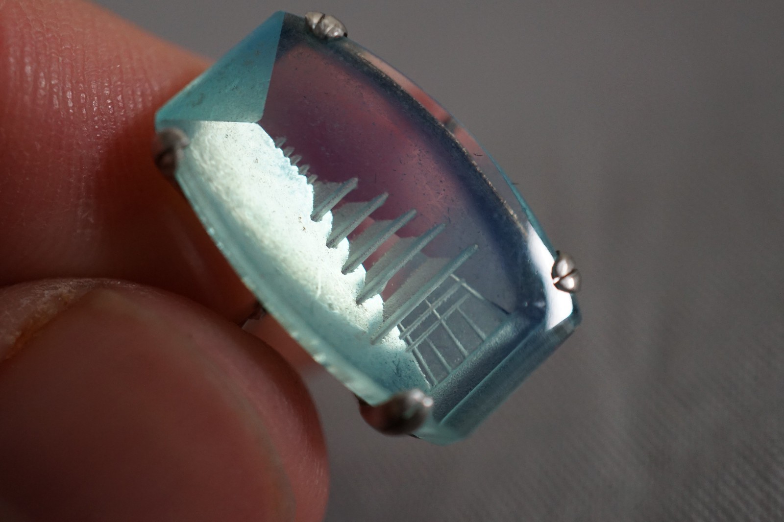 Vintage Blue Reverse-Carved Asian Temple Buildings Sterling Ring