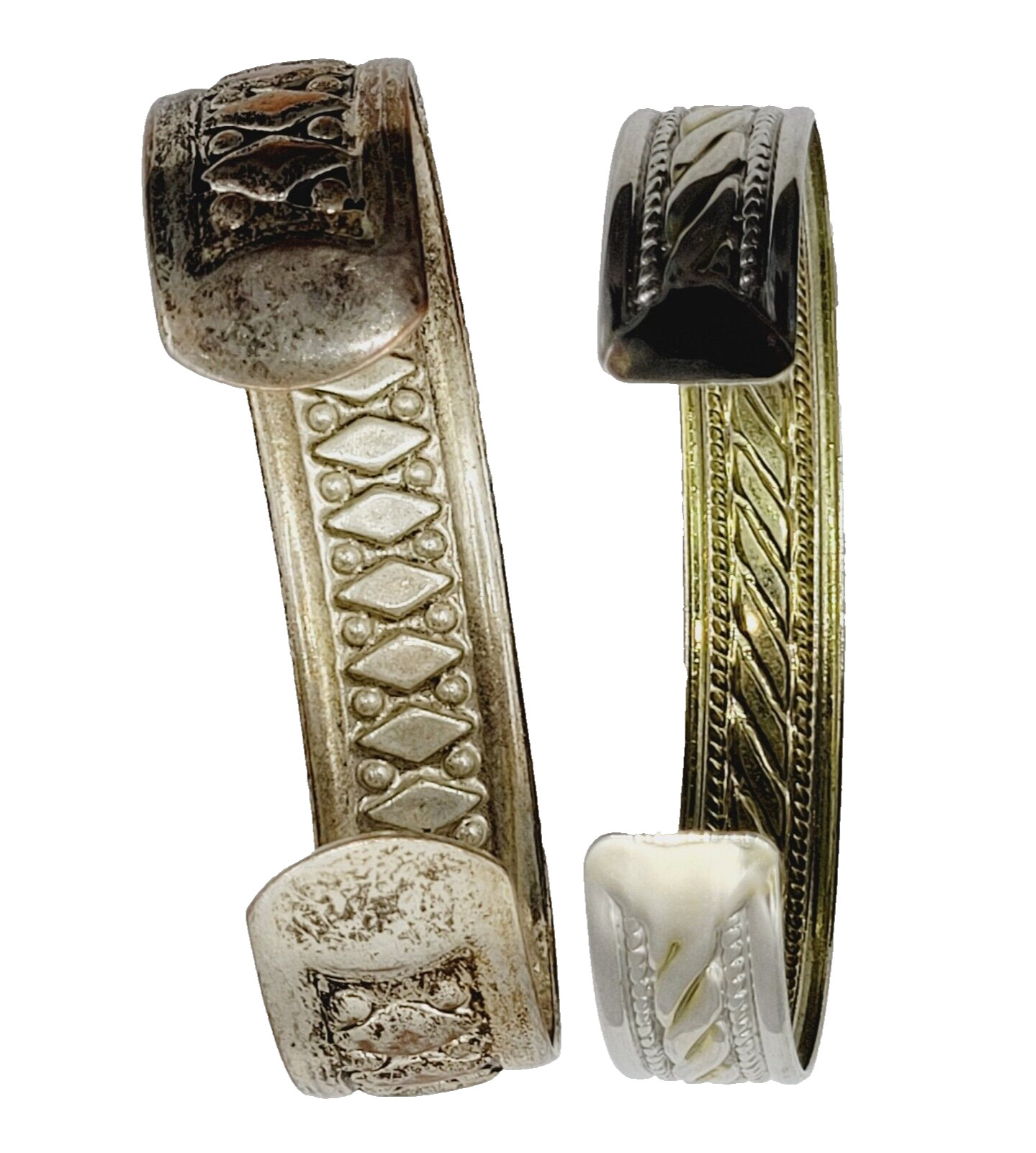 Two Vintage Metal Cuff Bracelets 1 Brass & 1 Silver Tone Patterned Tarnished