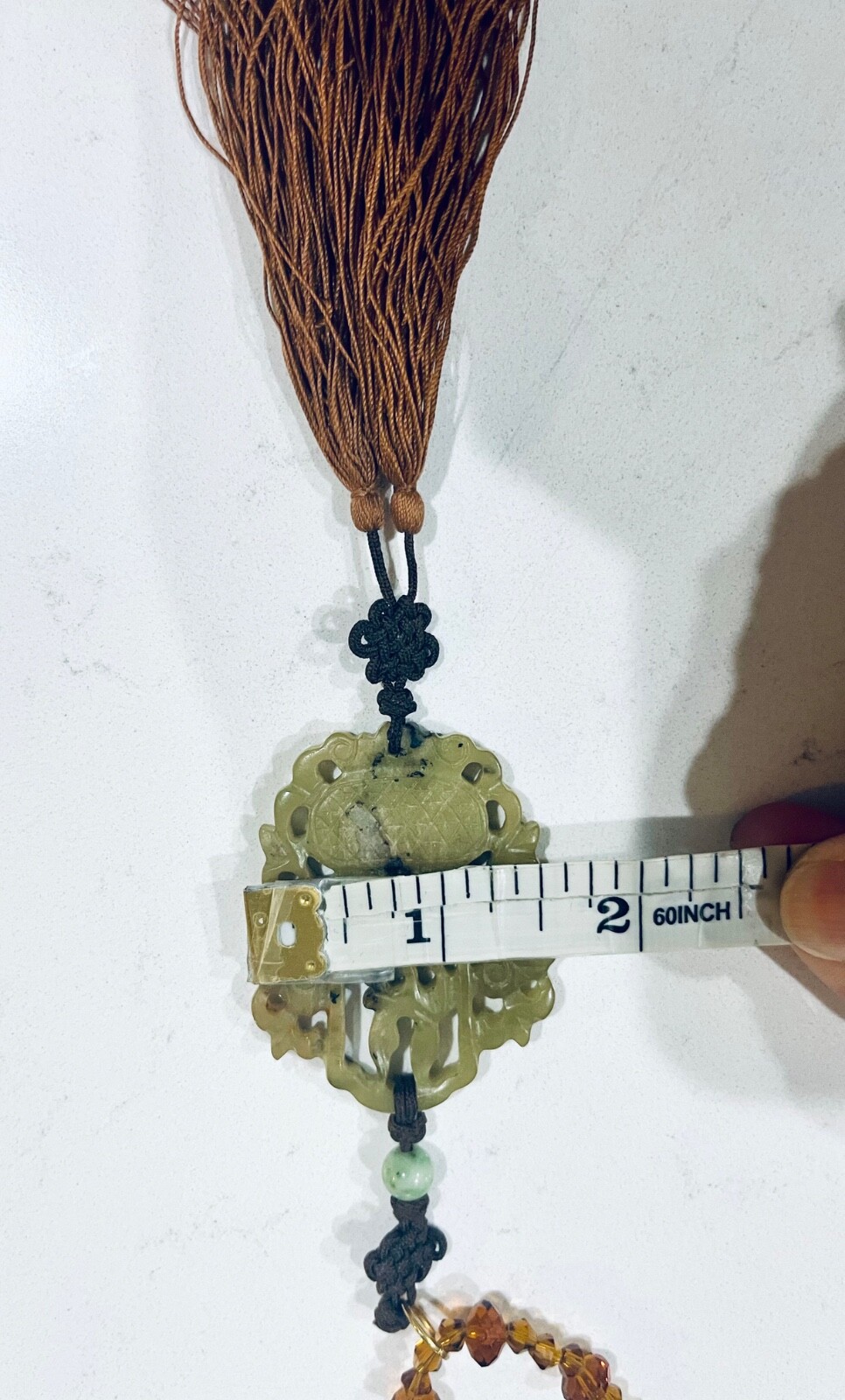 Vintage MCM Jade Pendant Necklace With Amber Glass Beads & Silk Tassel, STUNNING