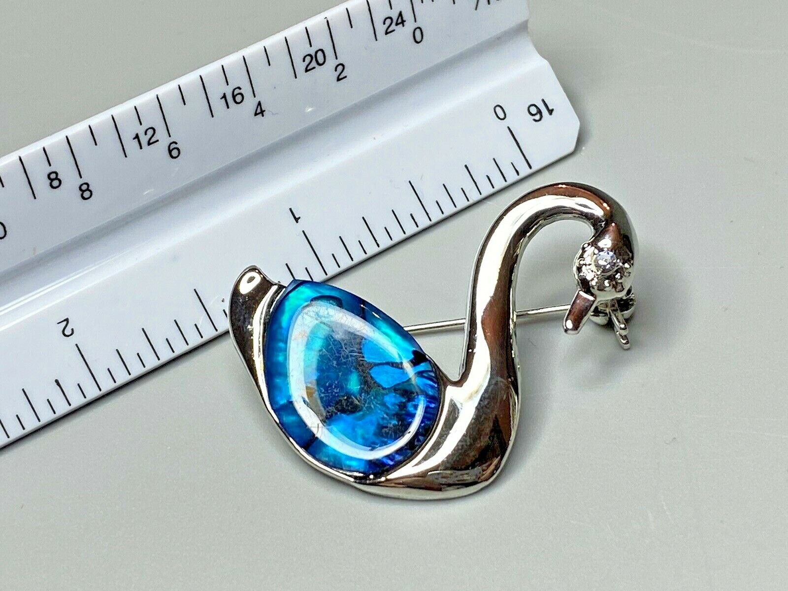 Vintage Abalone Swan Brooch Pin Polished Blue Paua Shell Silver Tone Unmarked