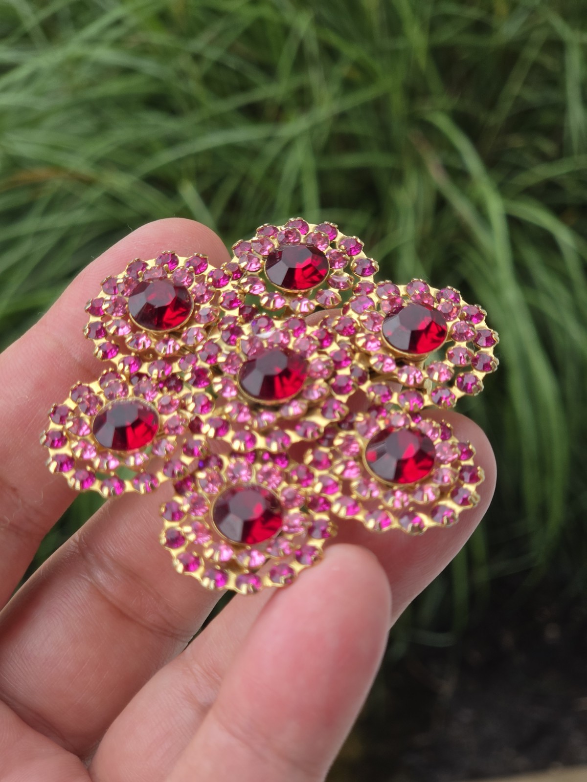 Vintage Mid Century Fuchsia Ruby Red Rhinestone Cluster Flower Brooch Floral