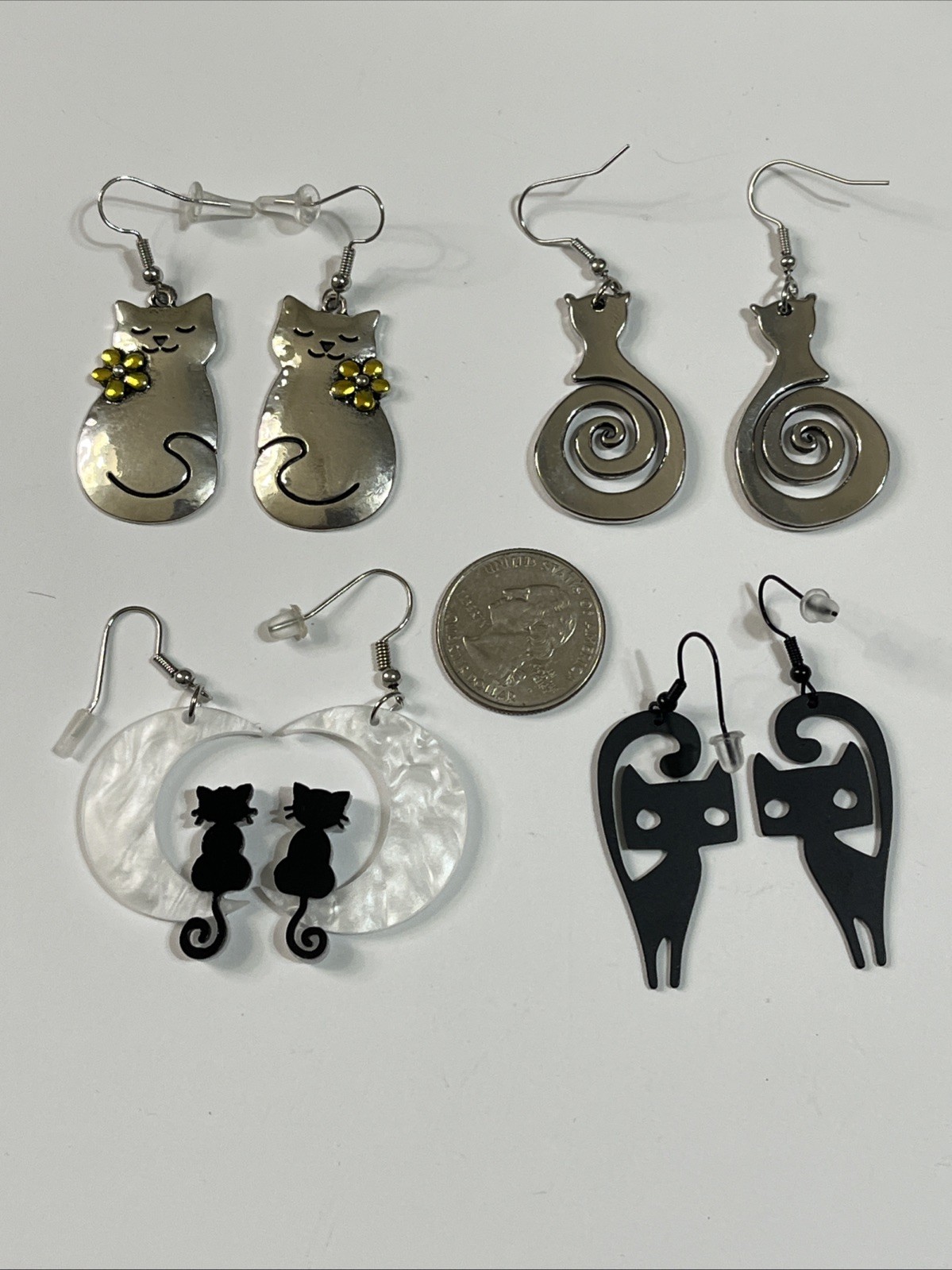 Cat Pierced Earrings Lot of 4 Kitty Black Cat Moon Flower Silvertone Halloween