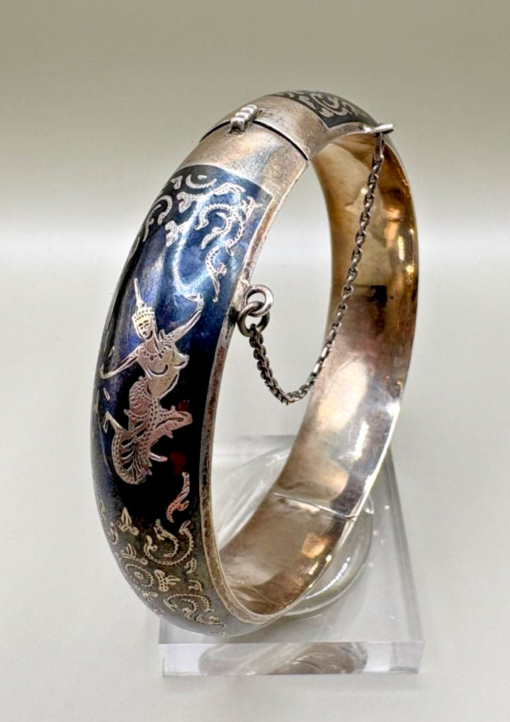Vintage Siam Sterling Silver Niello Hinged Bangle Bracelet Dancing Goddess 31.5g