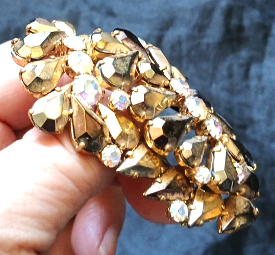 Vtg Crystal Gold Bronze Brooch Pin Lrg Rhinestones AB Openback Clasp for REPAIR