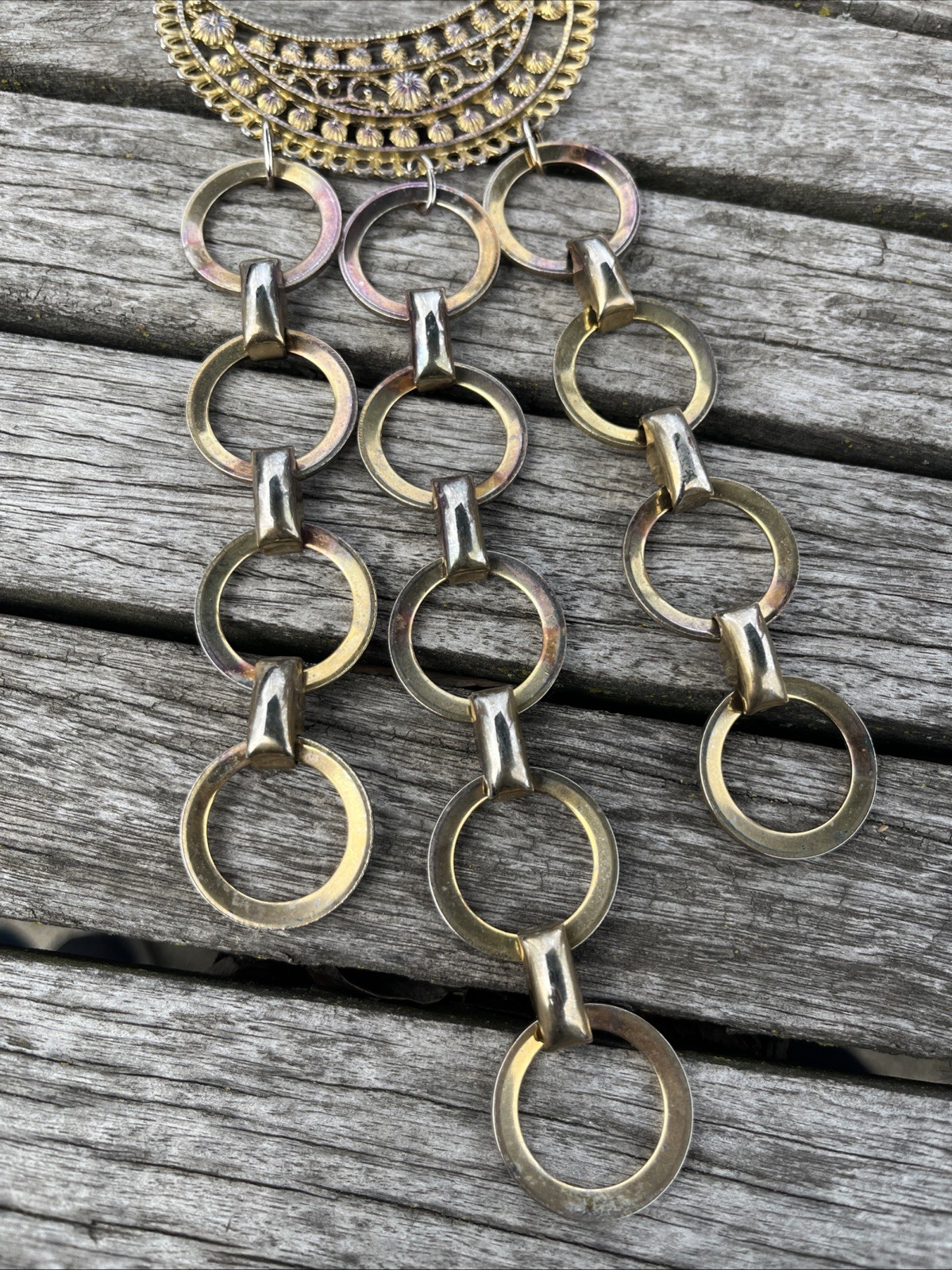 Vintage Metal Persian Style Chain Necklace Half Circle Pendant Dangle 1980s