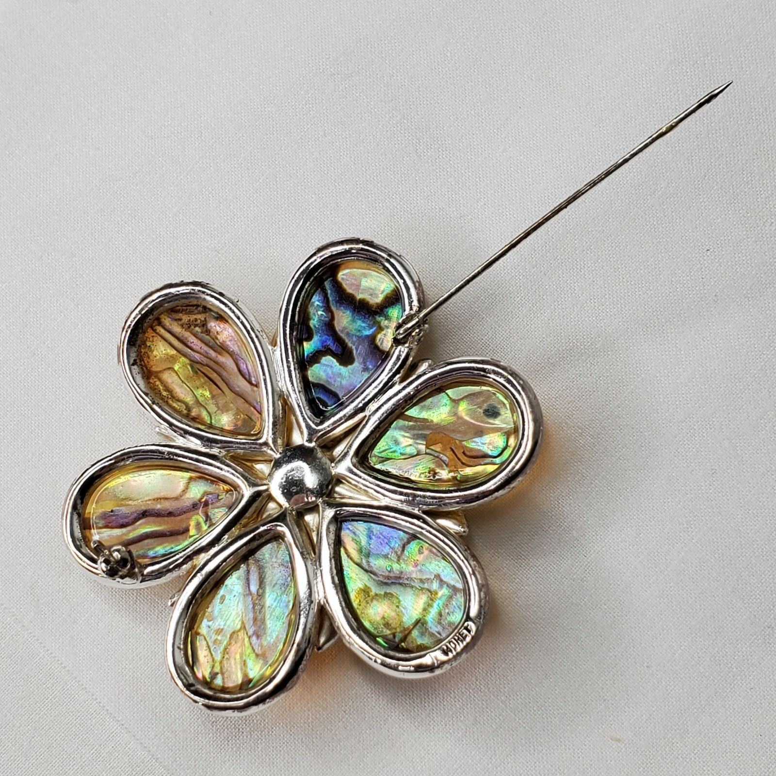 Vintage Monet Flower Brooch Yellow Acrylic Turquoise Faceted Stone Silver Tone