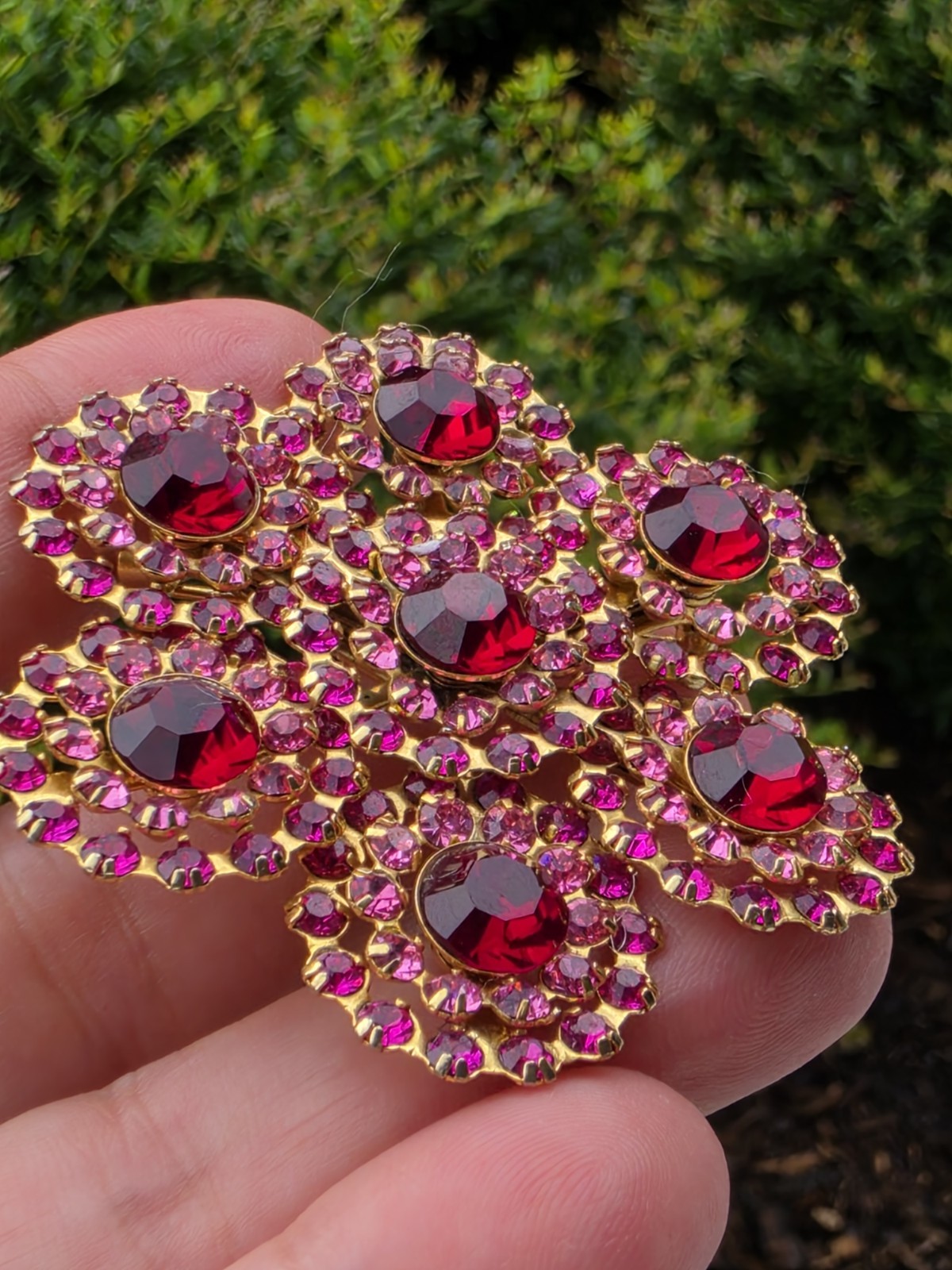 Vintage Mid Century Fuchsia Ruby Red Rhinestone Cluster Flower Brooch Floral
