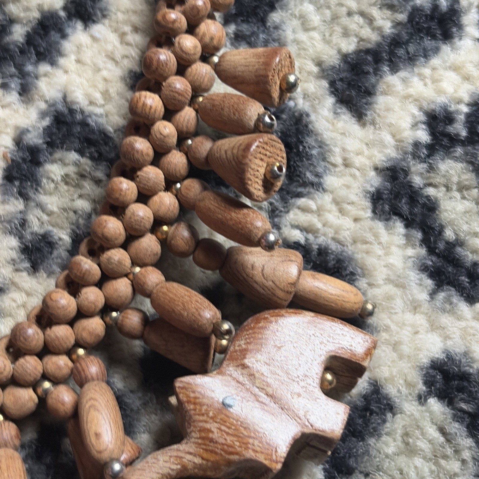Vintage 1960s Barrel Clasp Hand Carved Wooden Animal Necklace Safari Figural