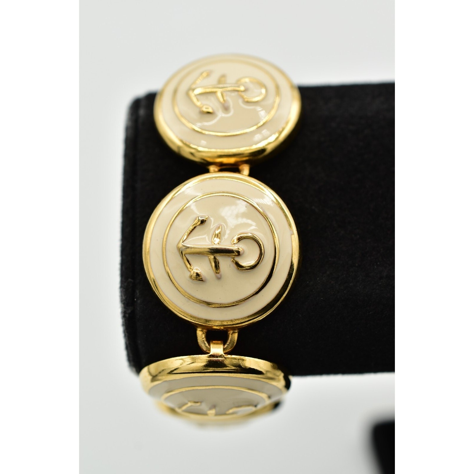 Vintage Anchor Linked Bracelet Chunky Off White Nautical Gold Tone 1990s BinAW