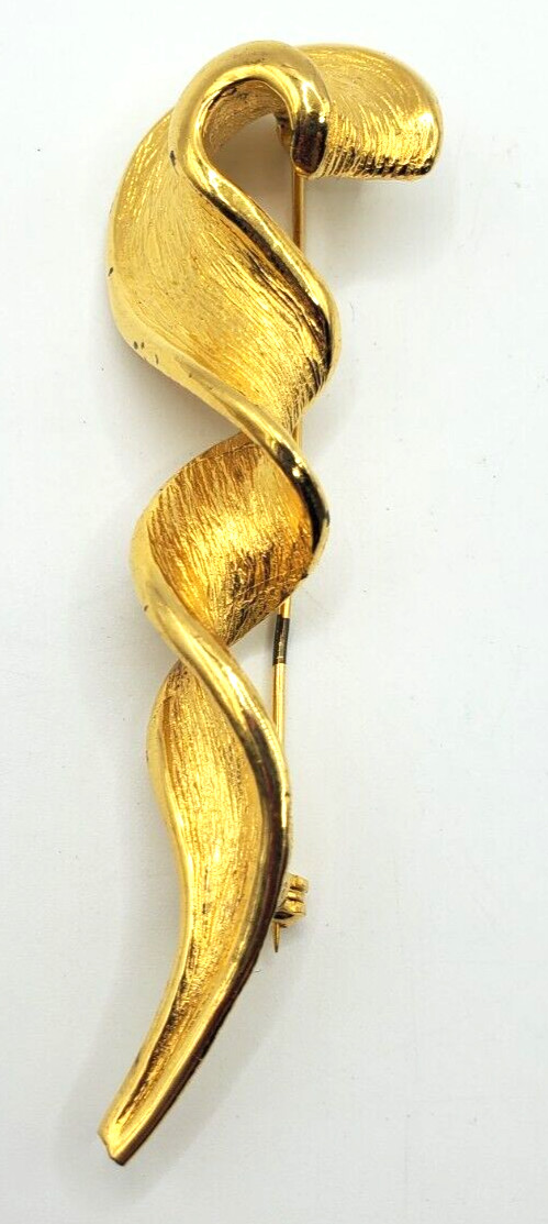 Vintage Swirl Twist Textured Ribbon Large Gold Tone Brooch Pin