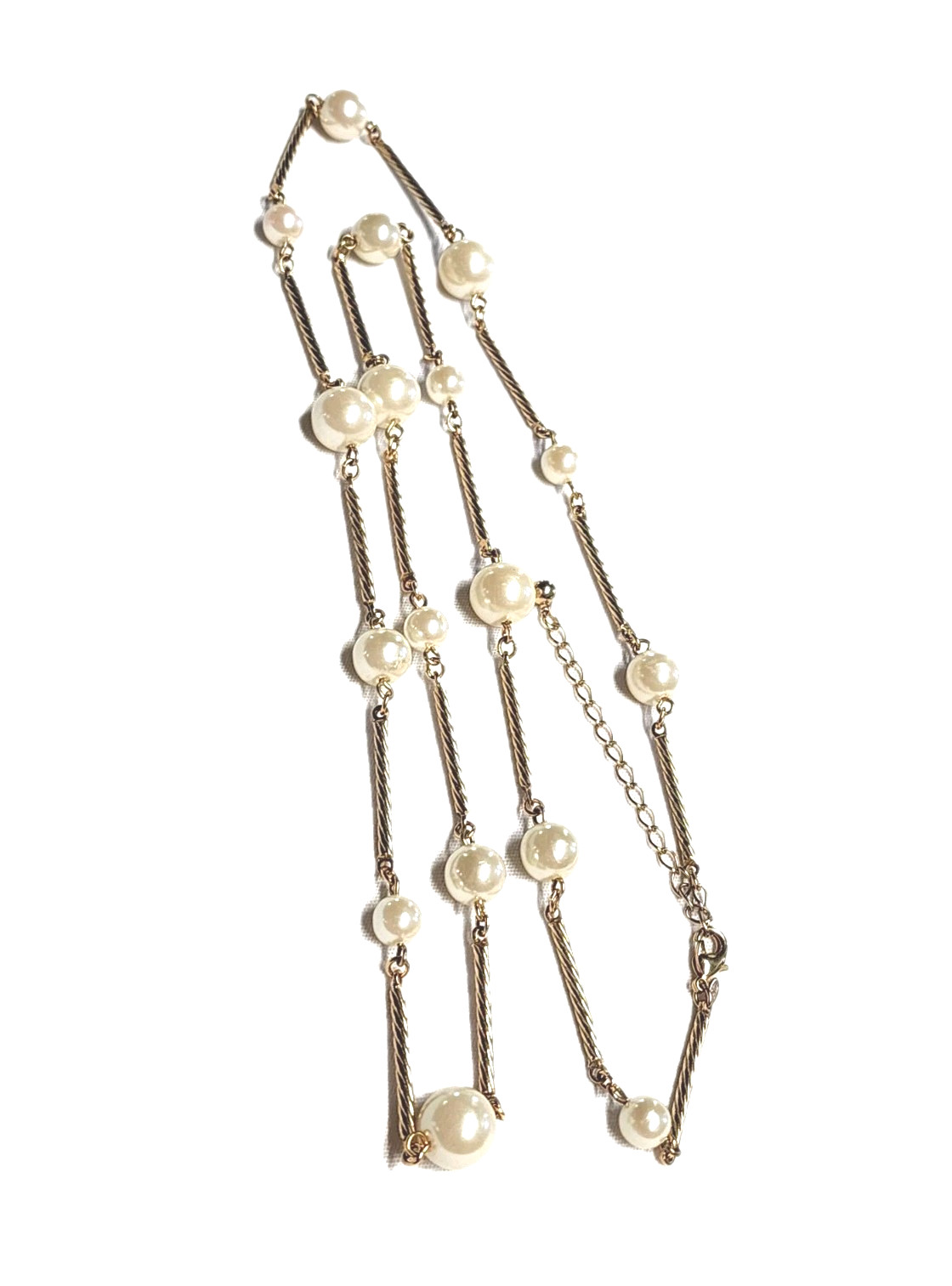 VTG AVON SH Gold Tone Twisted Bar Link & Cream White Faux Pearl Station Necklace