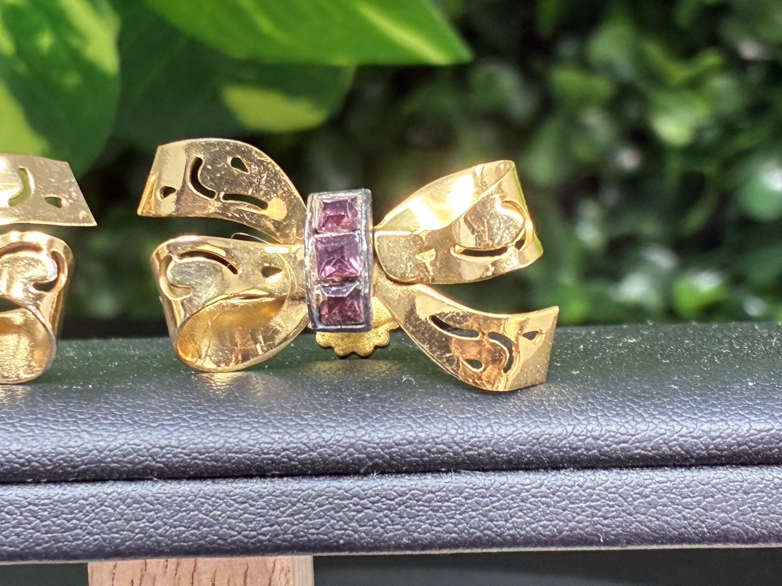 Vintage Coro Mid Century Gold Tone Bows Purple Rhinestones Earrings Screw Back