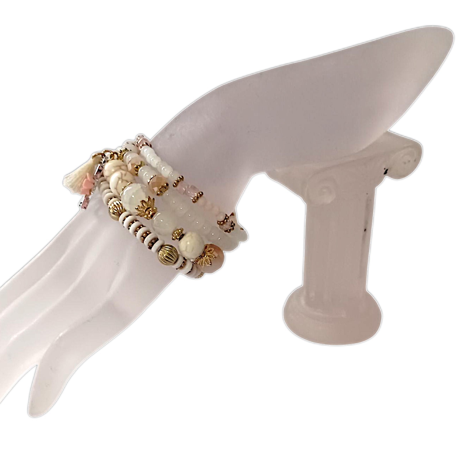 Y2K Multi Strand Beaded Bracelet Glass Stacked Floral Neutrals Fairy Indie Boho