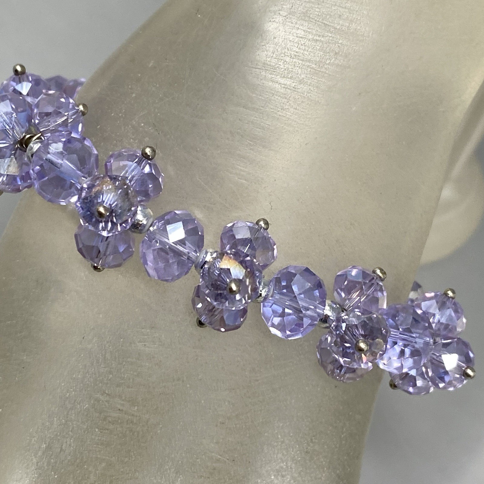 Purple Glass Bead Cluster Bracelet Stretch Fire Polished AB Coated Retro 6.75″