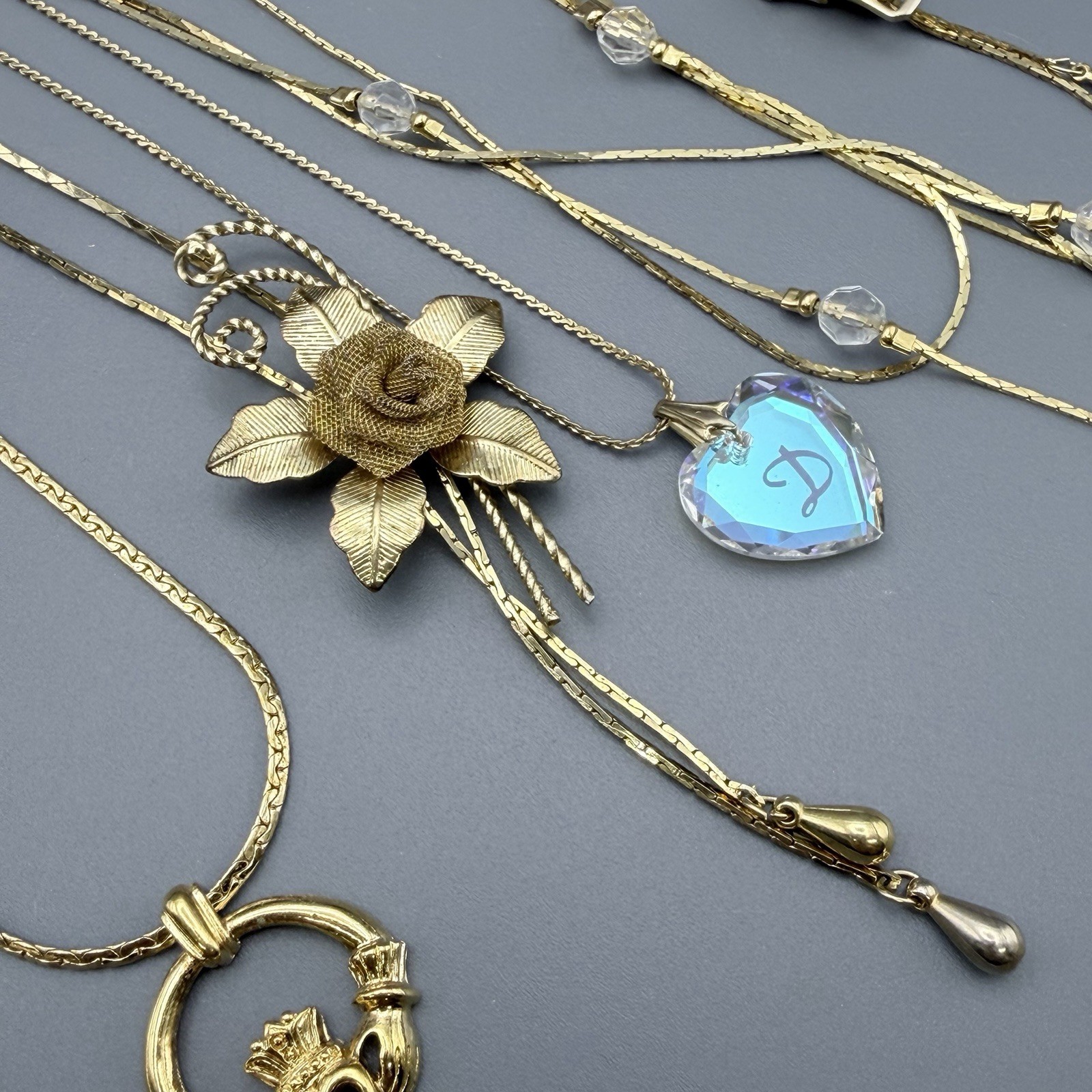 Vintage Necklaces Lot Of 8 Gold Tone Cloisonne Heart Floral Claddagh Zipper