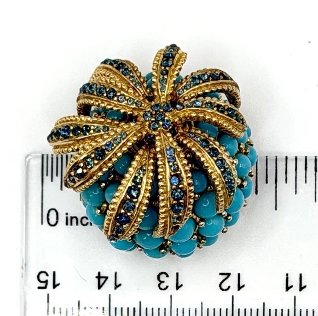 CINER Pineapple Brooch Faux Turquoise Cabochon Rhinestone Gold Tone Signed Vtg