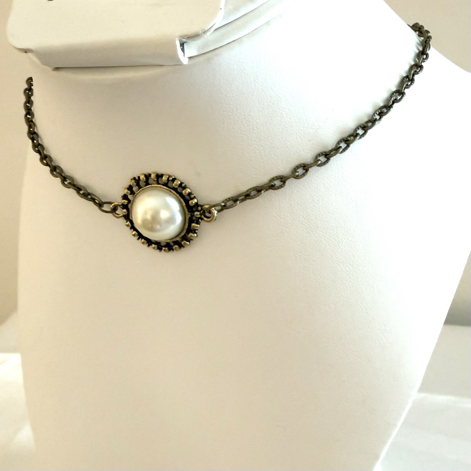 S925 Sterling Silver Faux Pearl Marcasite Art Deco Necklace Vintage 18″