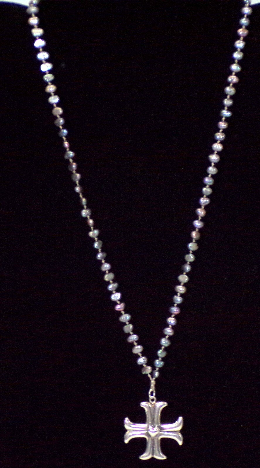 DIAN MALOUF STERLING SILVER MALTESE CROSS & HEART OPALESCENT GRAY PEARL NECKLACE