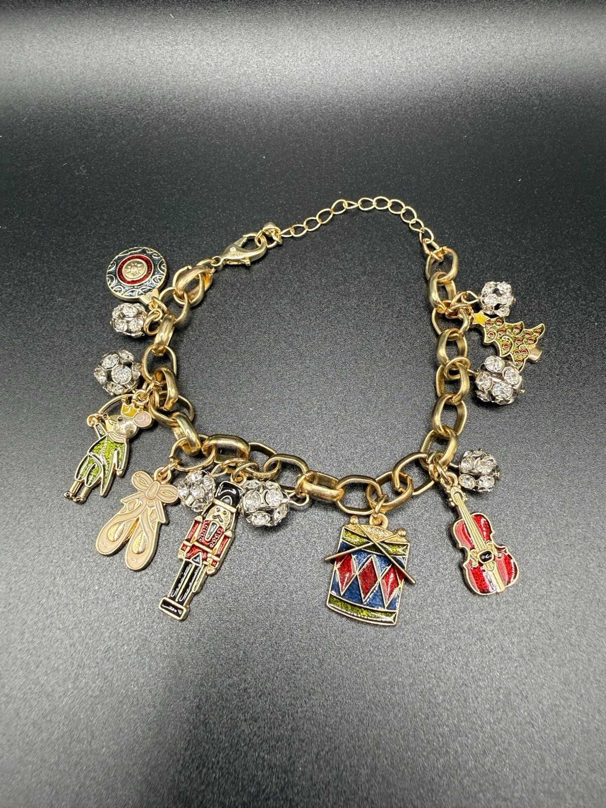 Vintage Christmas Nutcracker Charm Bracelet Enamel Rhinestone Gold Tone 7-9”