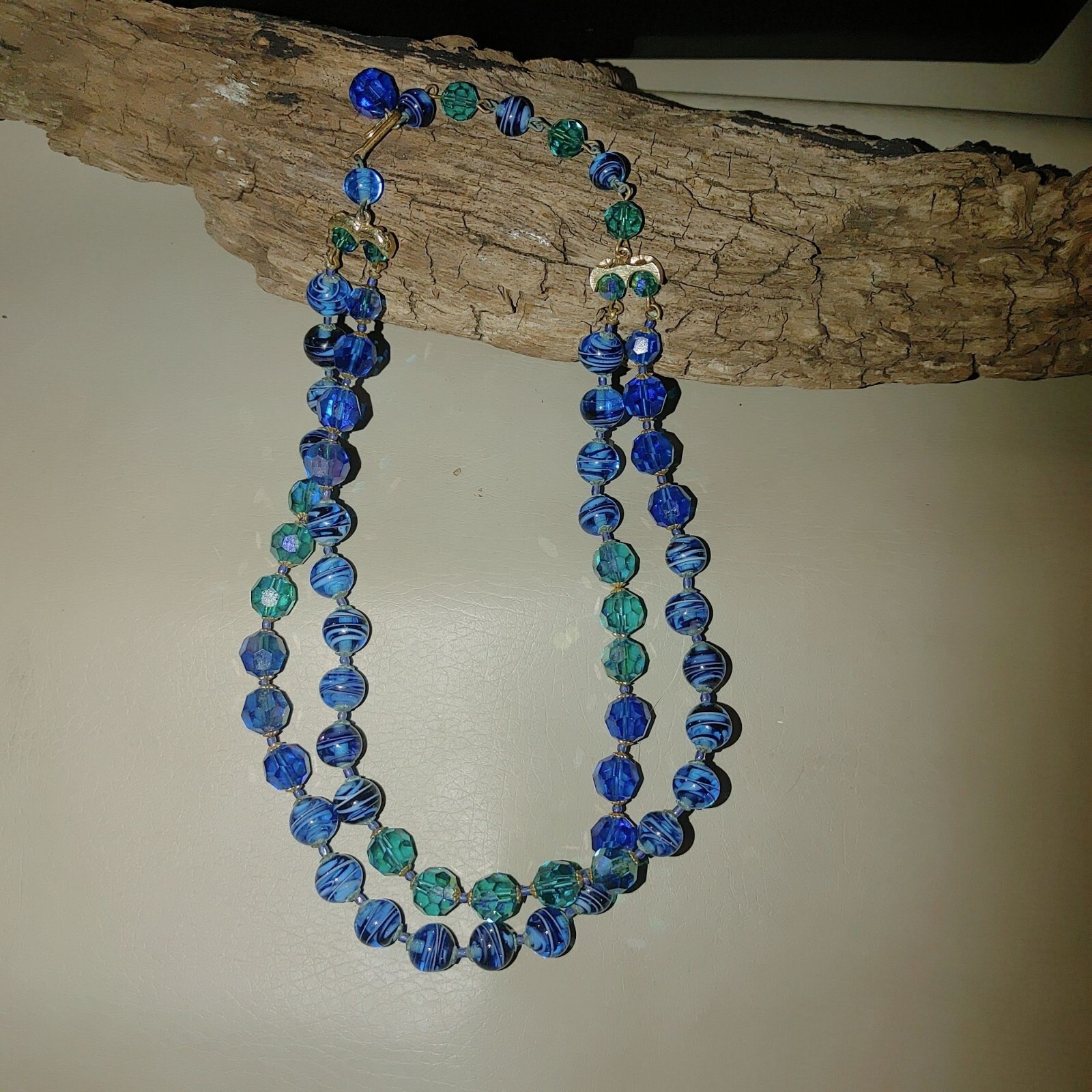 Necklace Vintage Strand Artisan Blue Teal Beaded Hook Clasp Retro Jewelry Glass