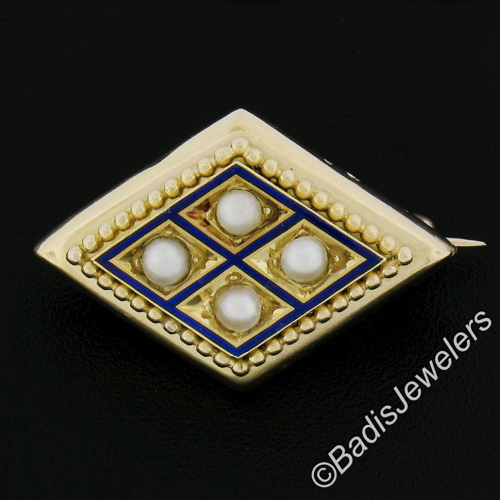 Antique Victorian 18k Yellow Gold Pearl & Blue Enamel Lozenge Shape Pin Brooch