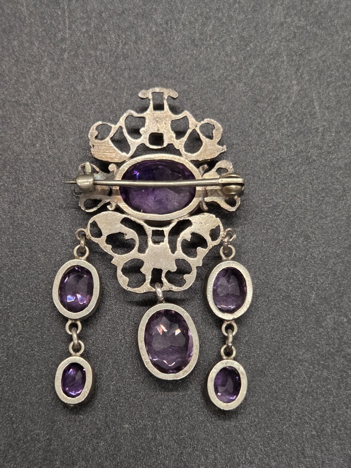 Antique Victorian Sterling Silver Purple Amethyst Dangle Brooch Festoon Pin OOAK