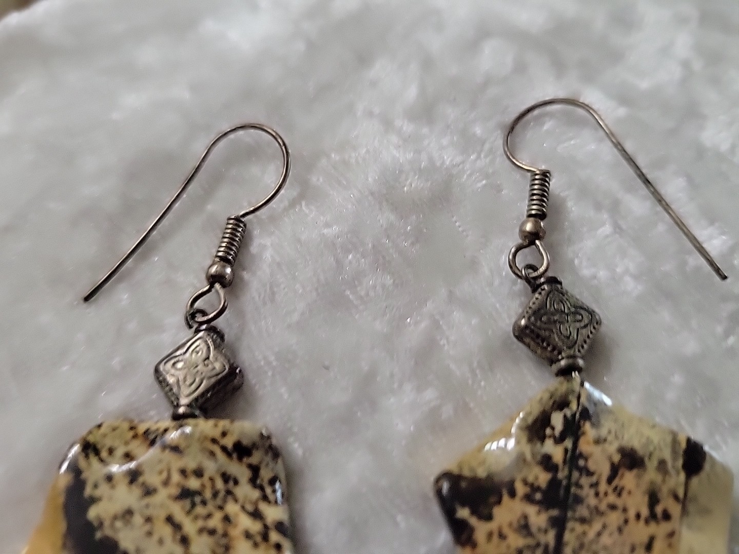 Vtg Silver Jasper Pierced Dangle Hook Earrings