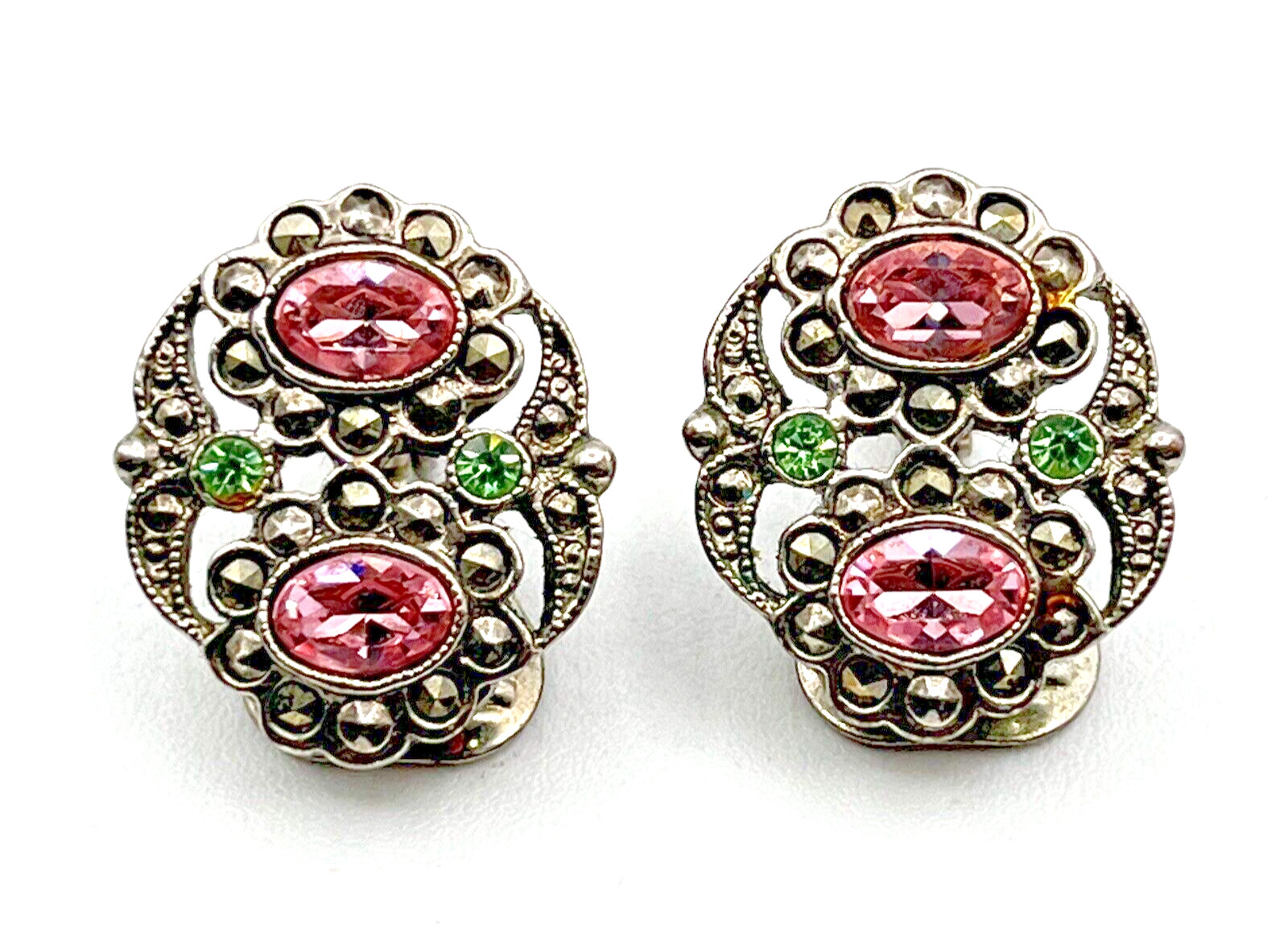 Vintage 1928 Brand Earrings Pink Rose and Green Rhinestone Clip Earrings 3/4″