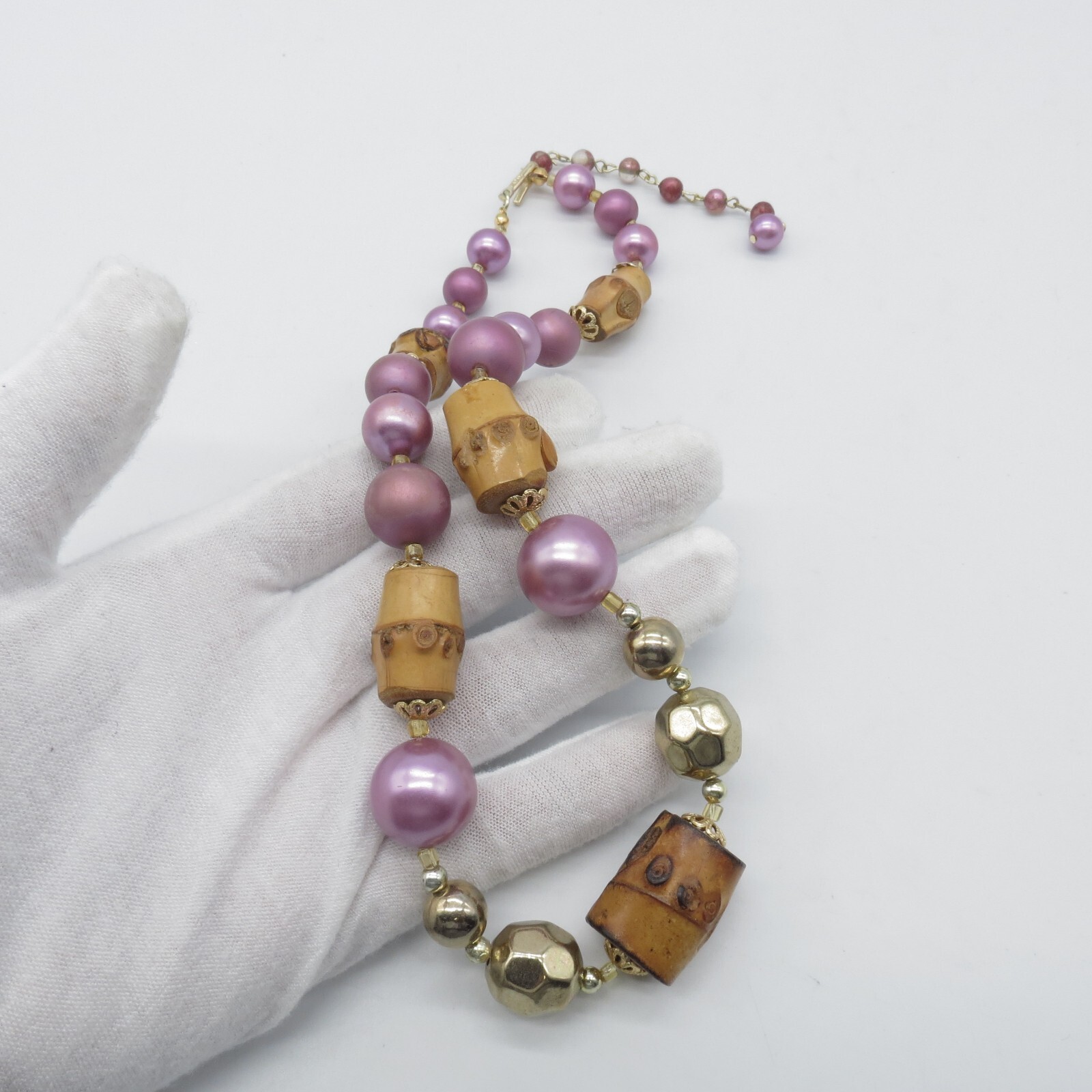 Vintage Japan Bamboo Pink Beaded Necklace Gold Tone Statement 17″
