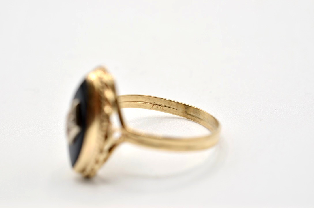 Vintage 14K Gold Diamond Onyx Ring Marquise Black Onyx Size 7.25~2.3g