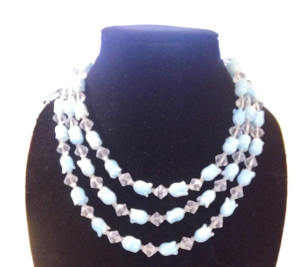 Vintage Japan Multi-Strand Beaded Necklace Blue Glass Gray Sim Crystal 18in Hook