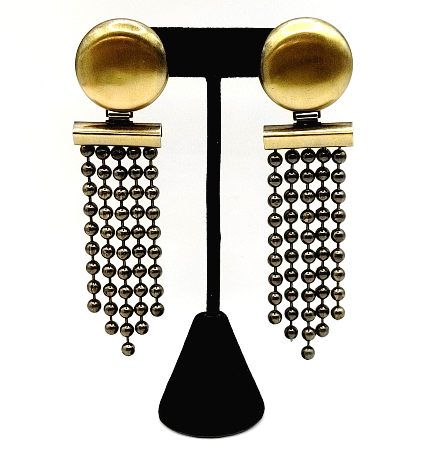 Ball & Chain Fringe Brutalist Runway Style Mixed Metal Tone Vtg Pierced Earrings