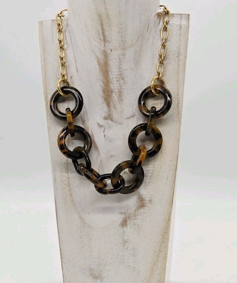 J.Crew Tortoise Shell Necklace Acrylic Chunky Chain Link Rings Gold tone 19 in