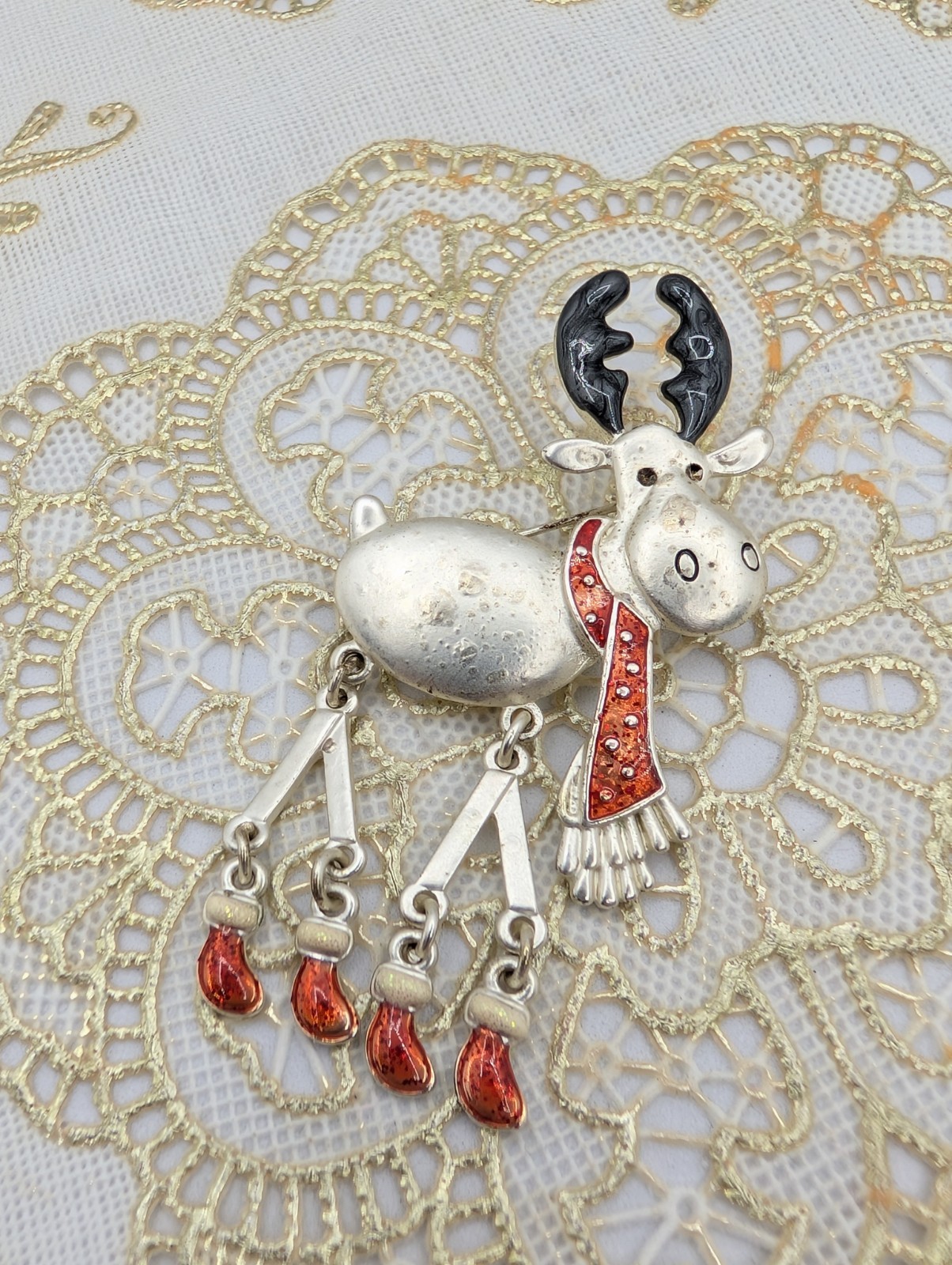 Vintage Reindeer Pin Brooch Leg Dangling Sparkling Enamel Christmas