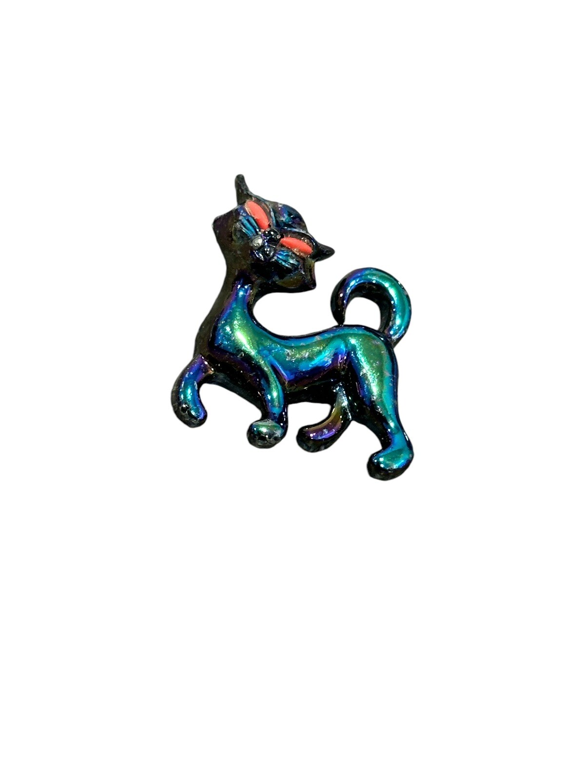Vintage Iridescent Lusterware Cat Scatter Brooch Pin Red Eyes Oil Slick
