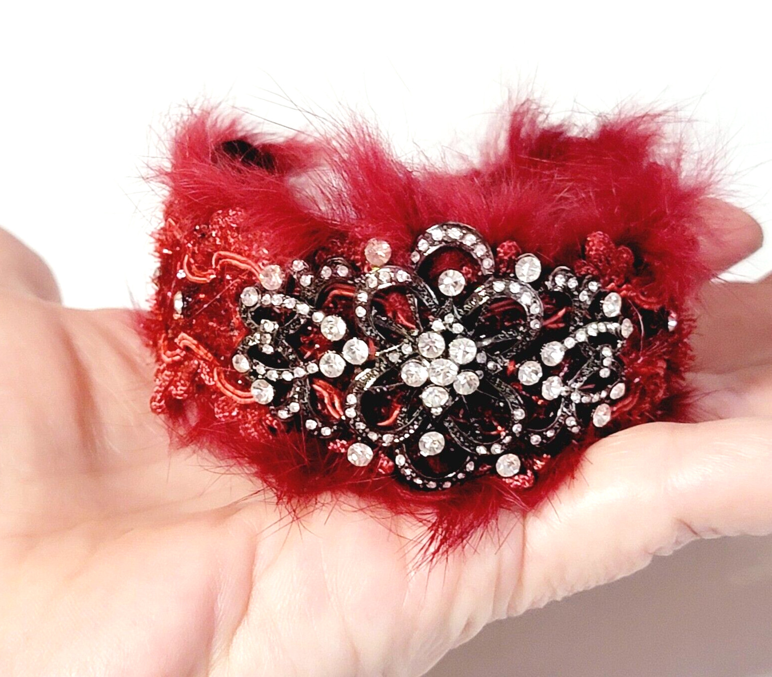 Faux Fur Red Cuff Bracelet Ornate Rhinestones Diva Statement Jewelry cfb