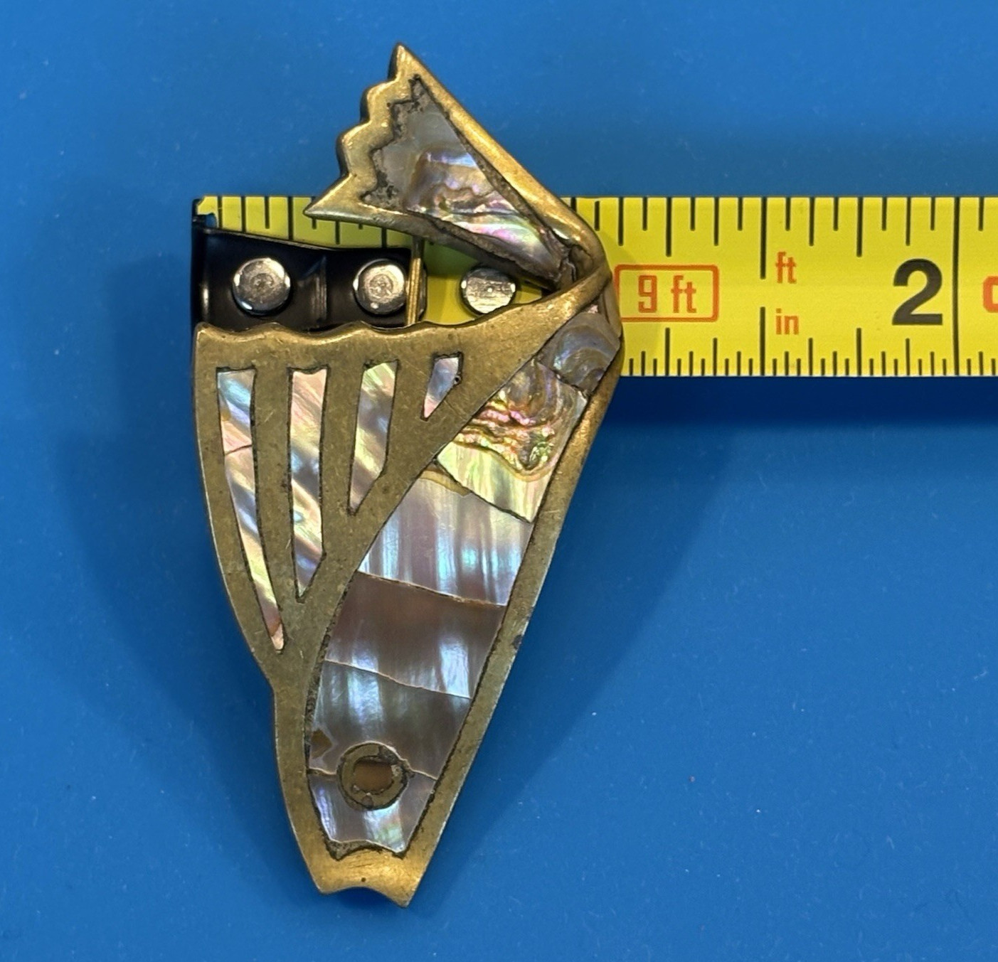 Los Castillo Taxco Mexico Brass Abalone Fish Brooch Pin Signed 2.25″ Vintage