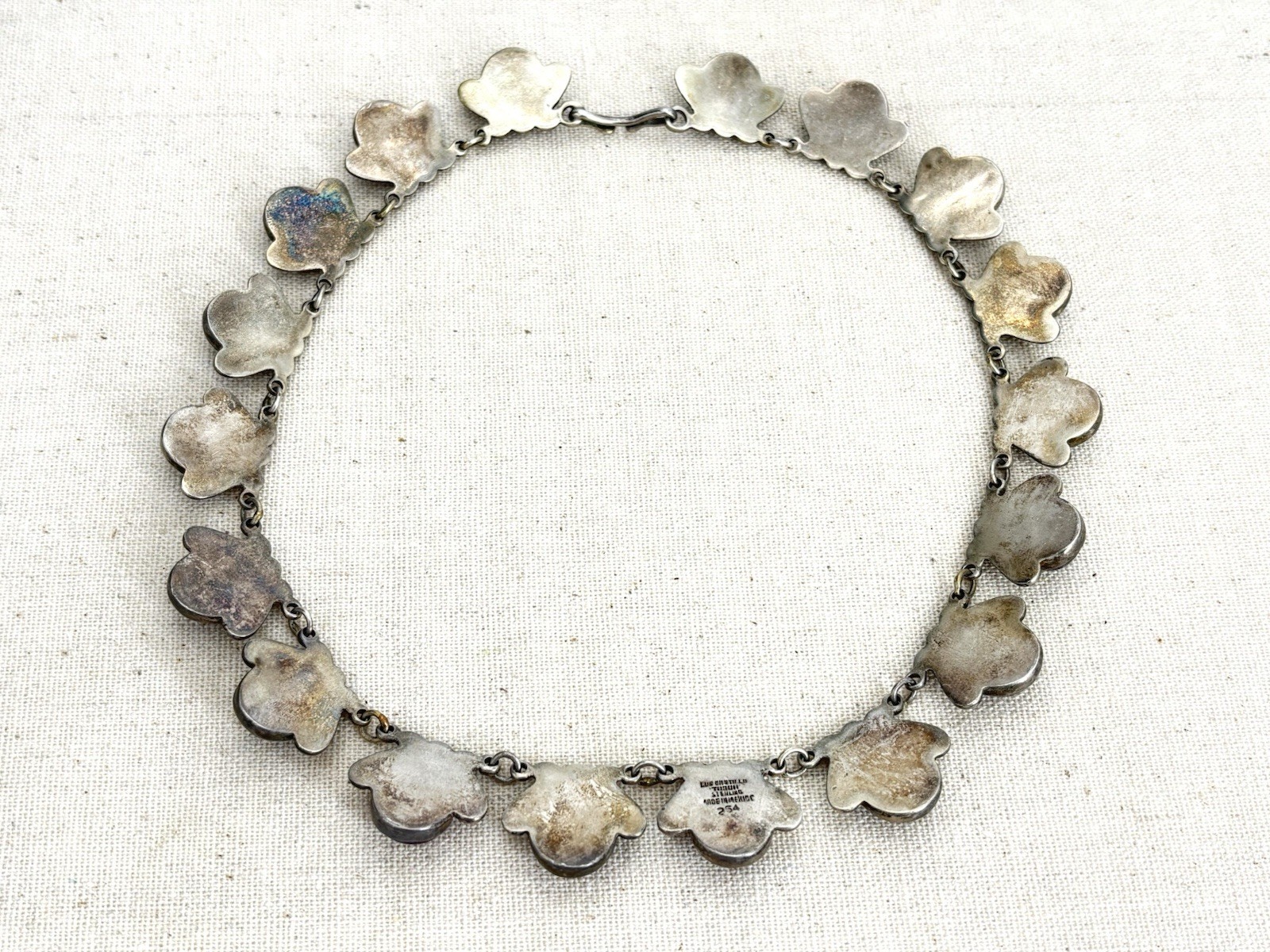 Vintage LOS CASTILLO 925 Sterling Silver Amethyst Floral Panel Link Necklace 15″