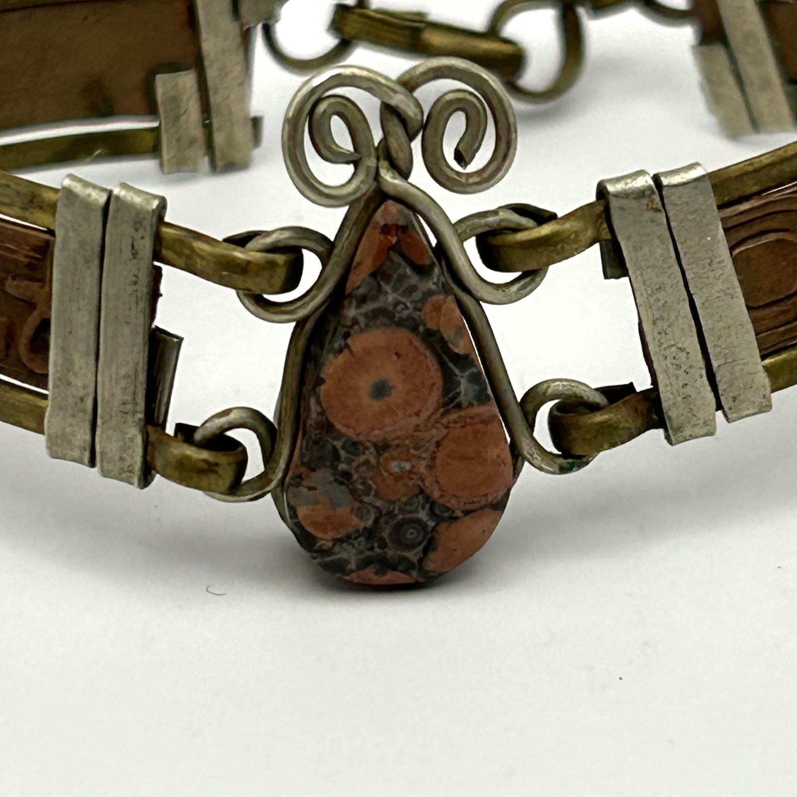 Leather Jasper Stone Bracelet Egyptian Revival Vintage Brass 6.75 in