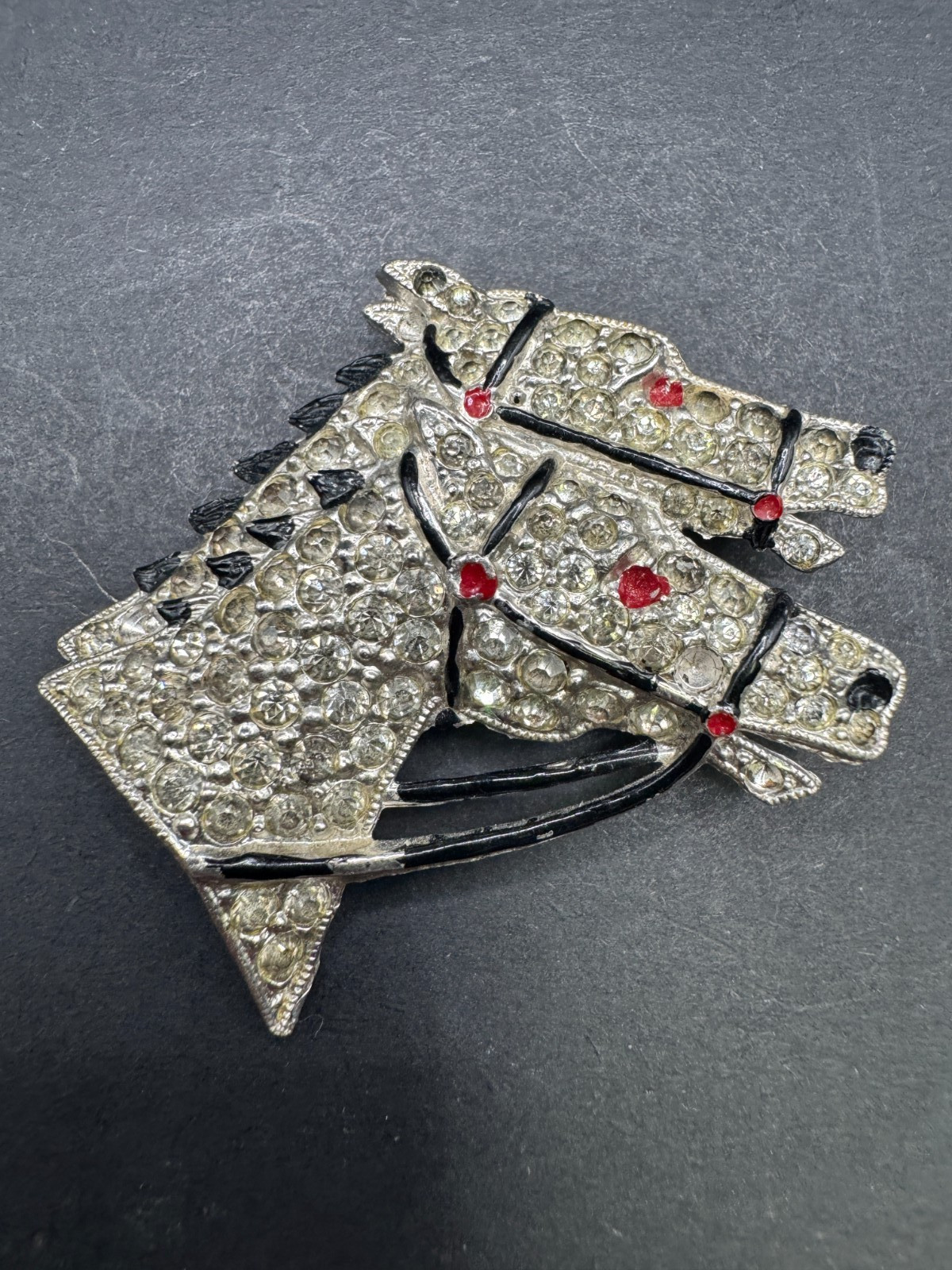 Doulble Horse Heads Equestrian Race Horse Rhinestone & Enamels (Missing Stones)