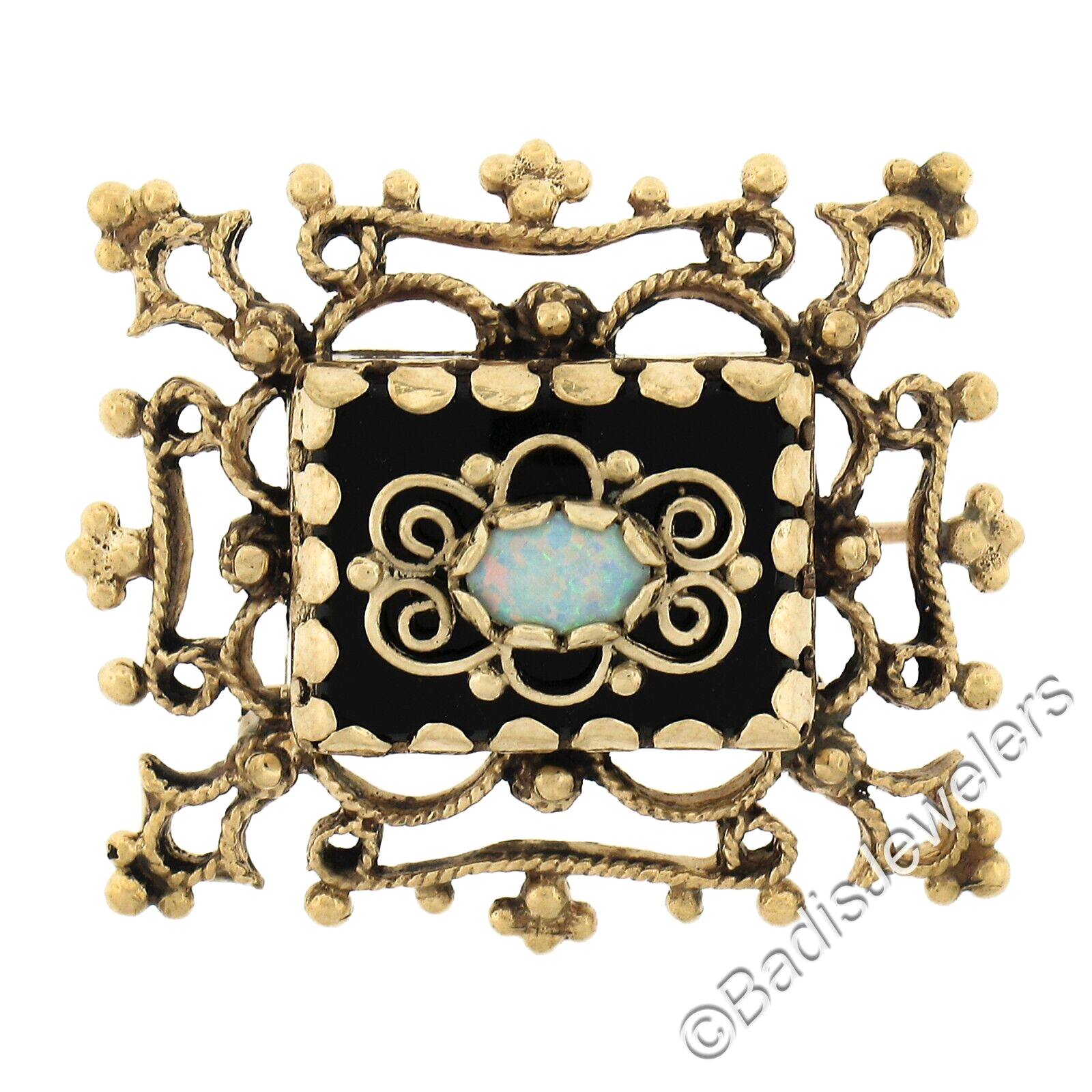 Vintage Gold Black Onyx & Opal Twisted Wire Open Work Pin Brooch Pendant