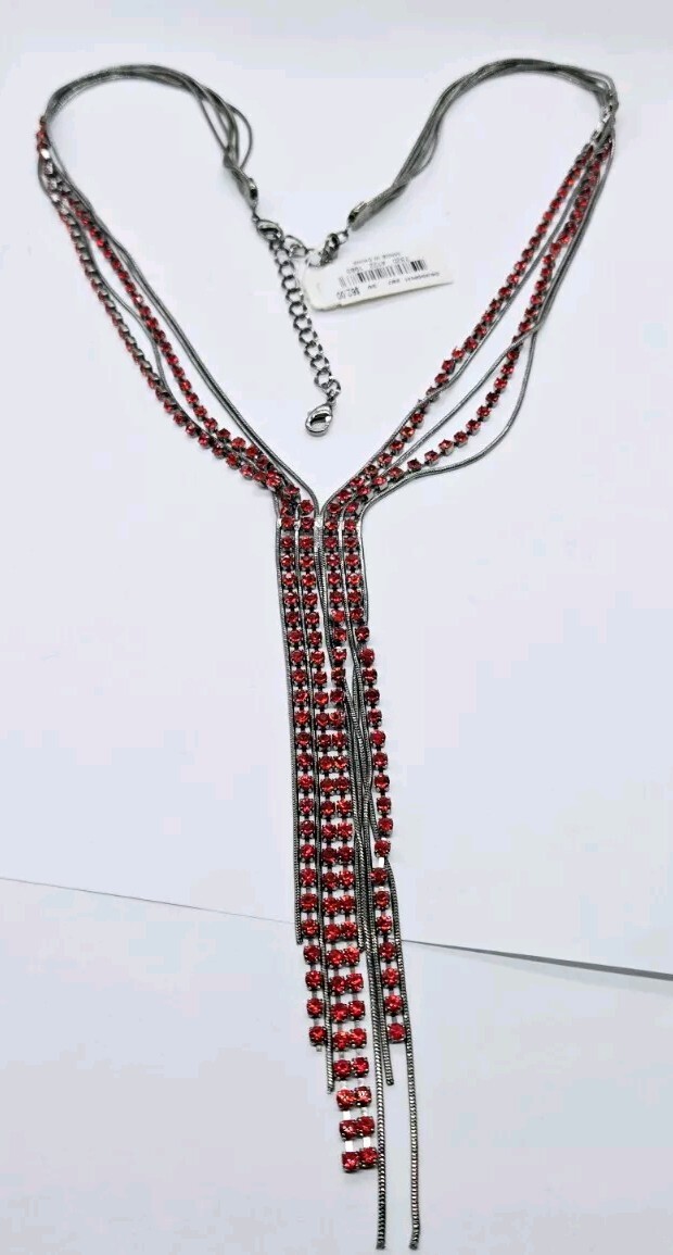 Red & Black Crystal Necklace Fringe Tie Gunmetal Statement 27 in Layered Alfani