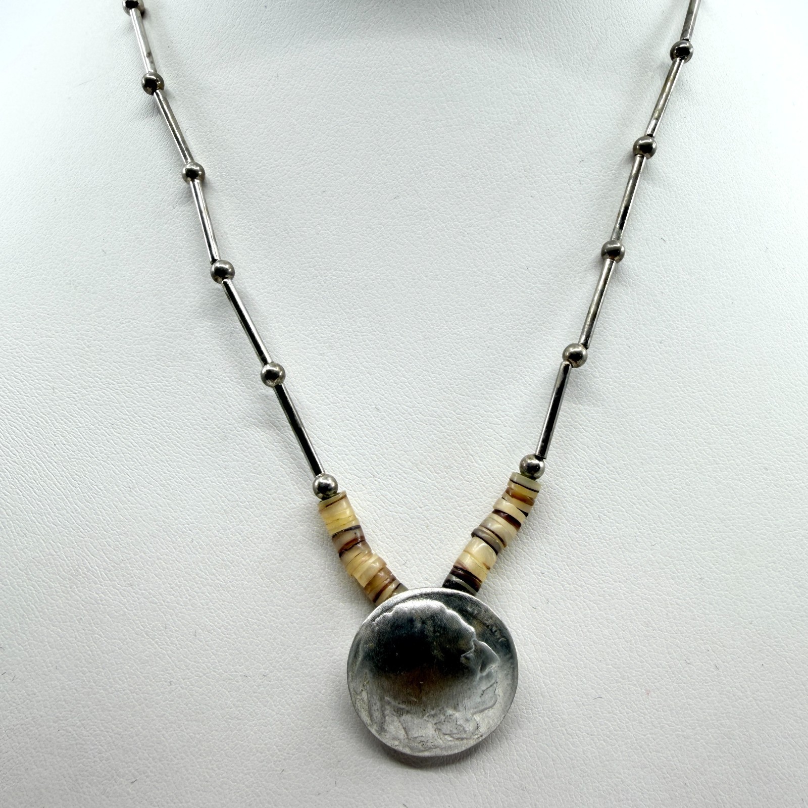 VTG Southwestern Buffalo Nickel Coin Pendant Necklace Liquid Silver Tone Heishe