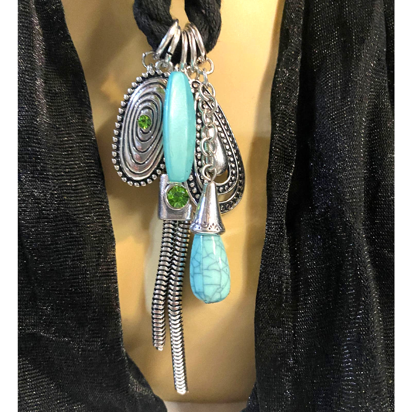 Set of 2 Large 6″ Turquoise Pink Rhinestone Scarf Slider Necklace Pendants