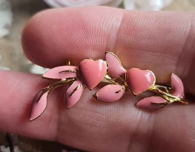 Vintage Pink Enamel Hearts and Leaves Branch Brooch Pin Branch Dusty Rose