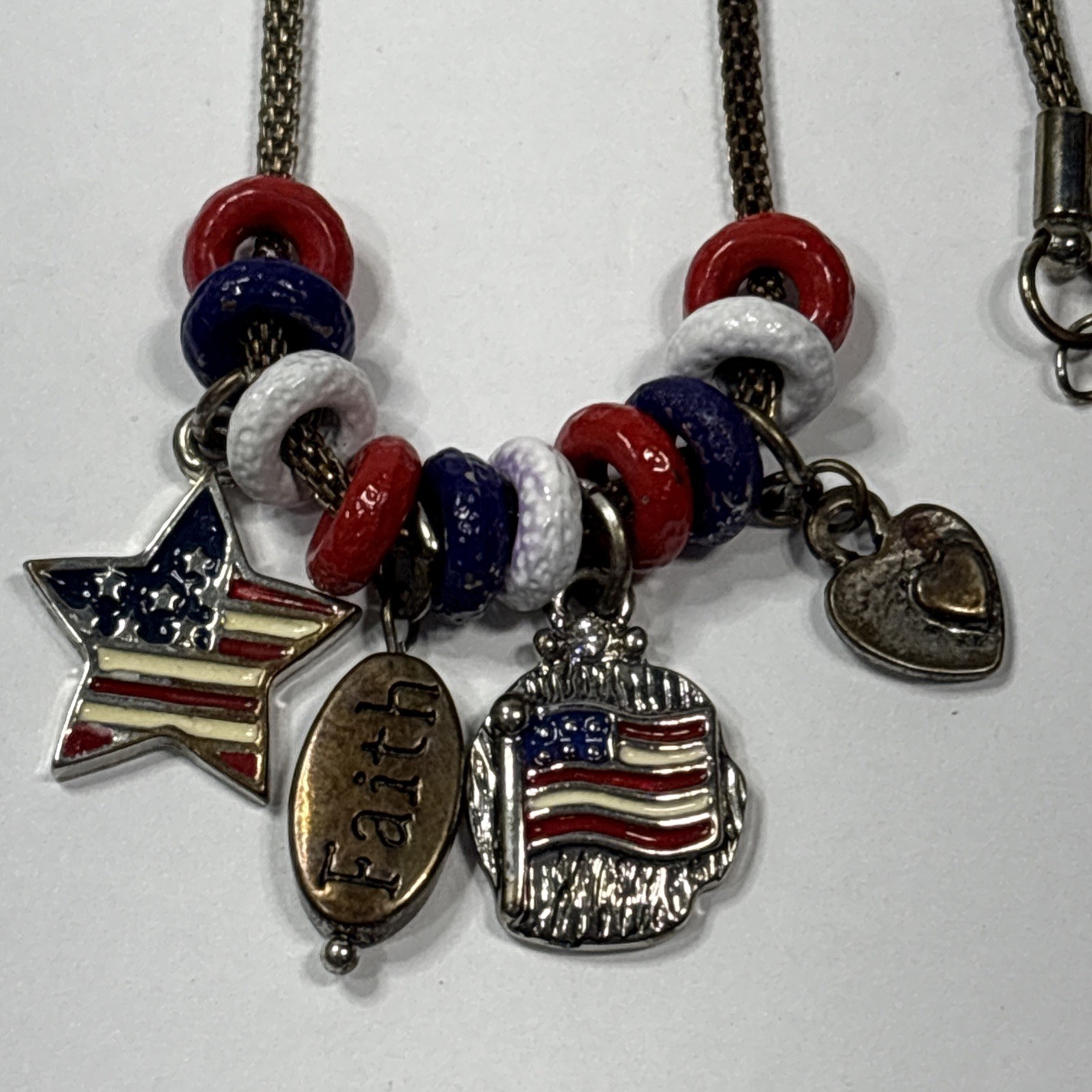 Patriotic Charm Necklace 4th of July Flag 18” Popcorn Chain Red White Blue
