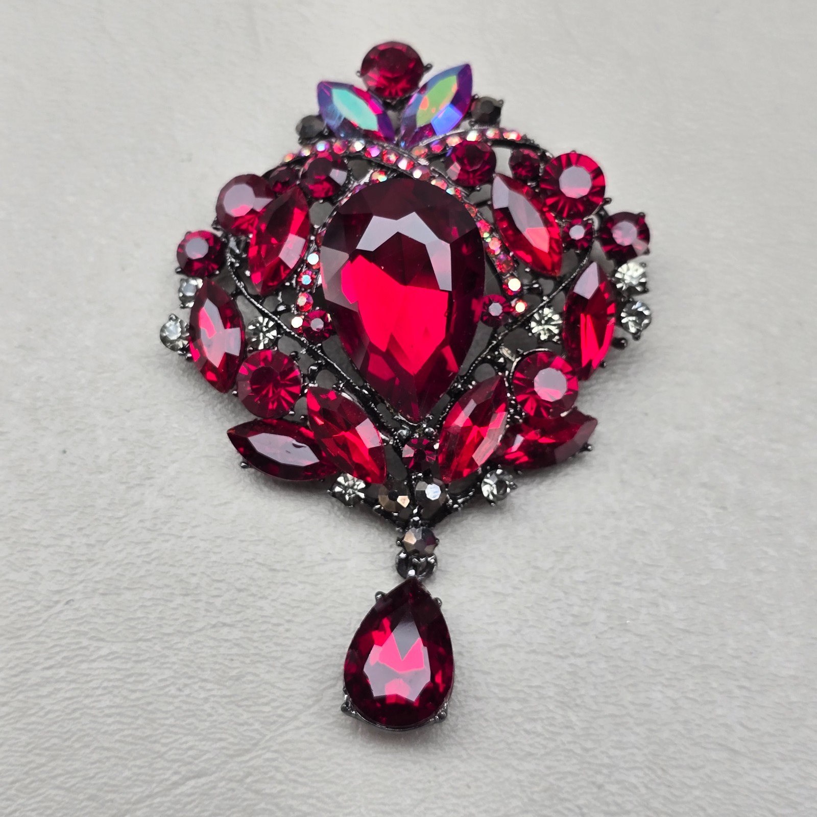 Rhinestone Brooch Statement Red AB 3 Inches