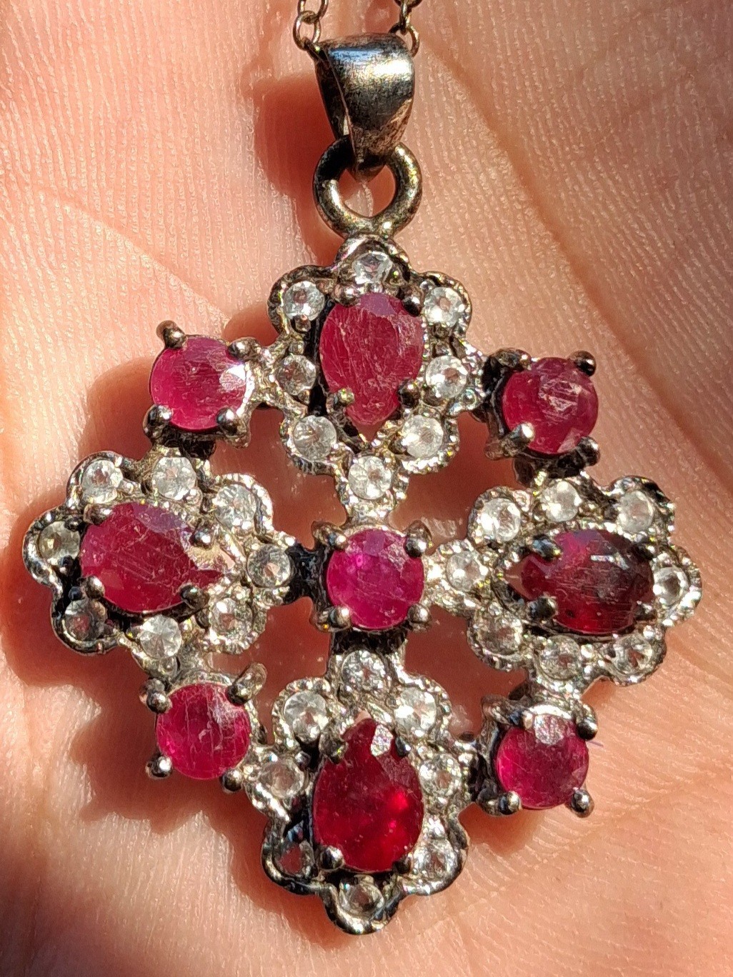 Vintage 925 Silver and Ruby Pendant With White Accent Stones Cluster Prong Set